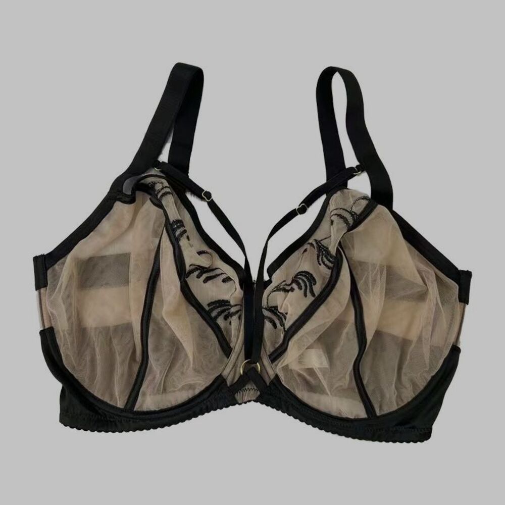 34G Bra Black Nude Underwire Bra Mesh Strappy Full Coverage Inlined Support